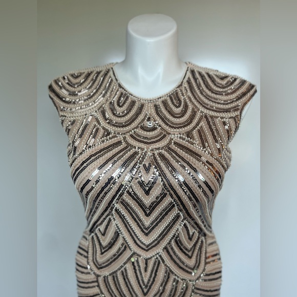 Dazzling Beige And Silver Fringed Beaded Flapper Dress 100% Polyester Size M - Picture 2 of 13